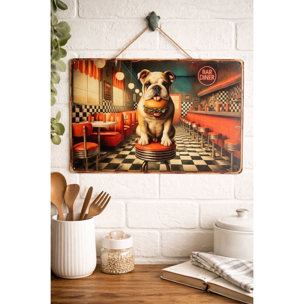 Vintage Style Bulldog Diner Metal Wall Sign 8x12 Retro Burger Decor